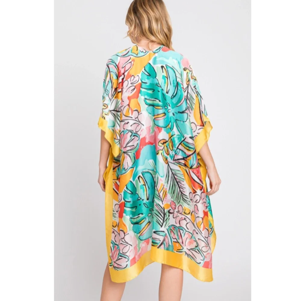 "The Eden" Hand Drawn Watercolor Tropical Leaves Kimono - Picture 2 of 4